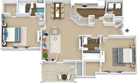 Floor plan for 2 beds, 2 baths, 1227 sqft
